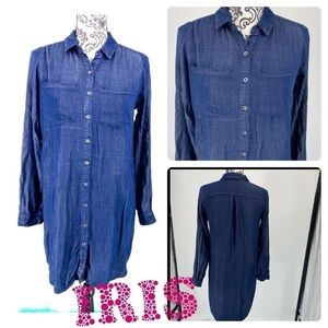 Iris dark denim long sleeve button up dress/tunic shirt dress pocket rayon